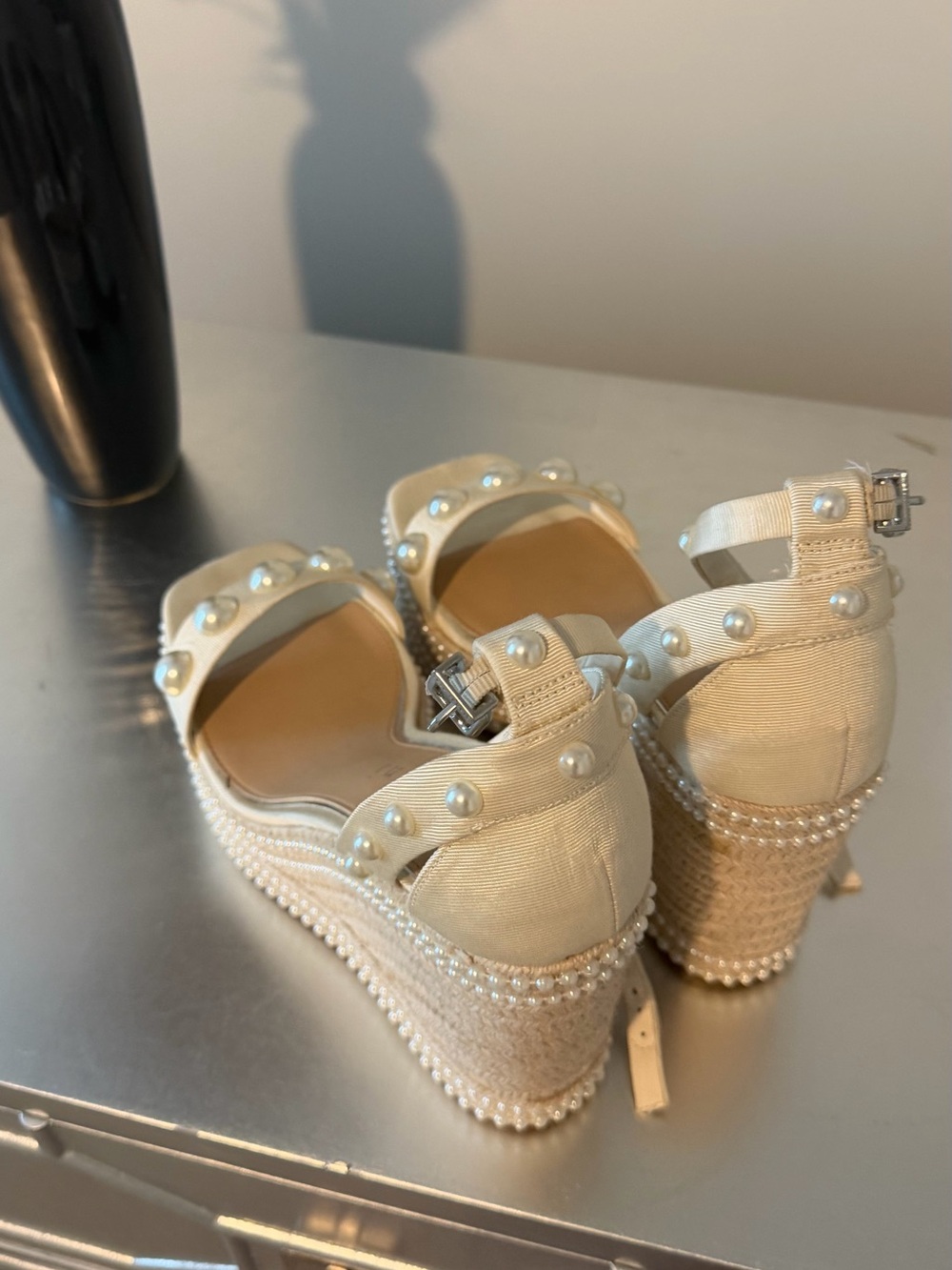 Gianni Bini Cream Pearl-Embellished Wedge Sandals